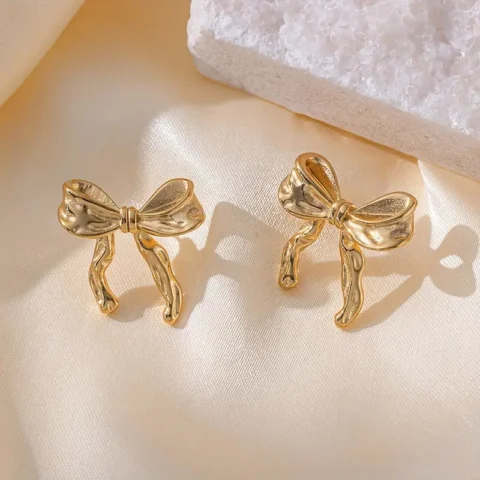 Golden Plated Zinc Alloy Ribbon Bow Earrings