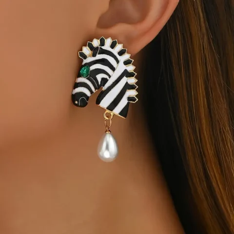 Boho Elegant Zebra Drop Earrings with Pearl Accents