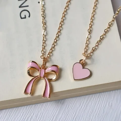 Pink Heart and Butterfly Combination Necklace Set