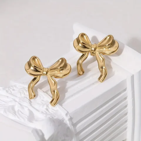 Golden Plated Zinc Alloy Ribbon Bow Earrings